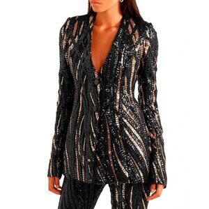 NWT $3190 Halpern Tiger-Stripe Sequin Silk-Lined Blazer Black Silver Pink Size U